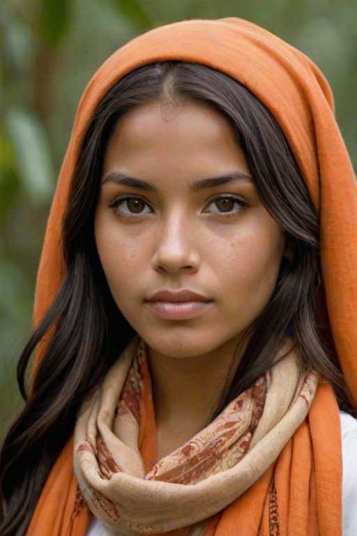 Create a portrait of a young Taino female with long, dark hair and captivating hazel eyes. She is wearing a orange headscarf and a matching scarf draped gracefully around her neck. The background is softly blurred, focusing attention on her serene and natural expression. The overall color palette is muted and warm, enhancing the intimate and authentic feel of the portrait.