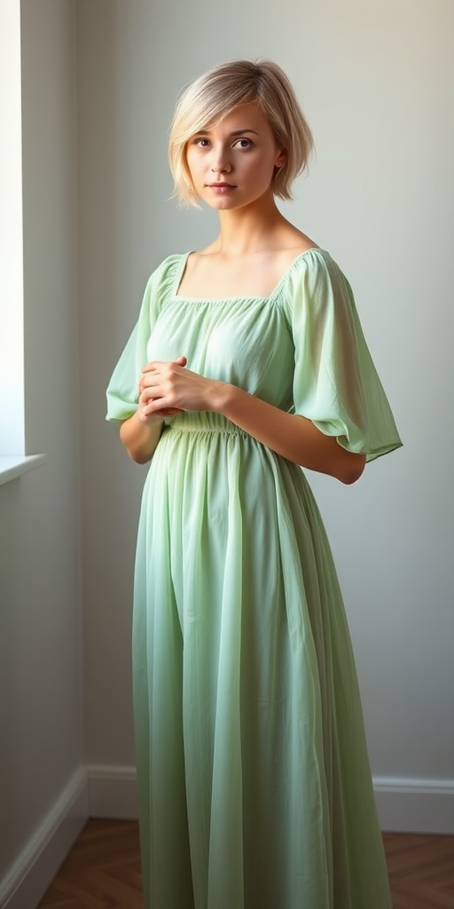 Create a full-body portrait of a young woman with short, light hair wearing a flowing, light green dress, standing with her hands gently cupped as if holding something delicate, captured in a soft-focus, natural light setting, using a DSLR camera with a 50mm lens, aperture set to f/2.8, ISO 100, and a slight vignette effect for enhanced depth.