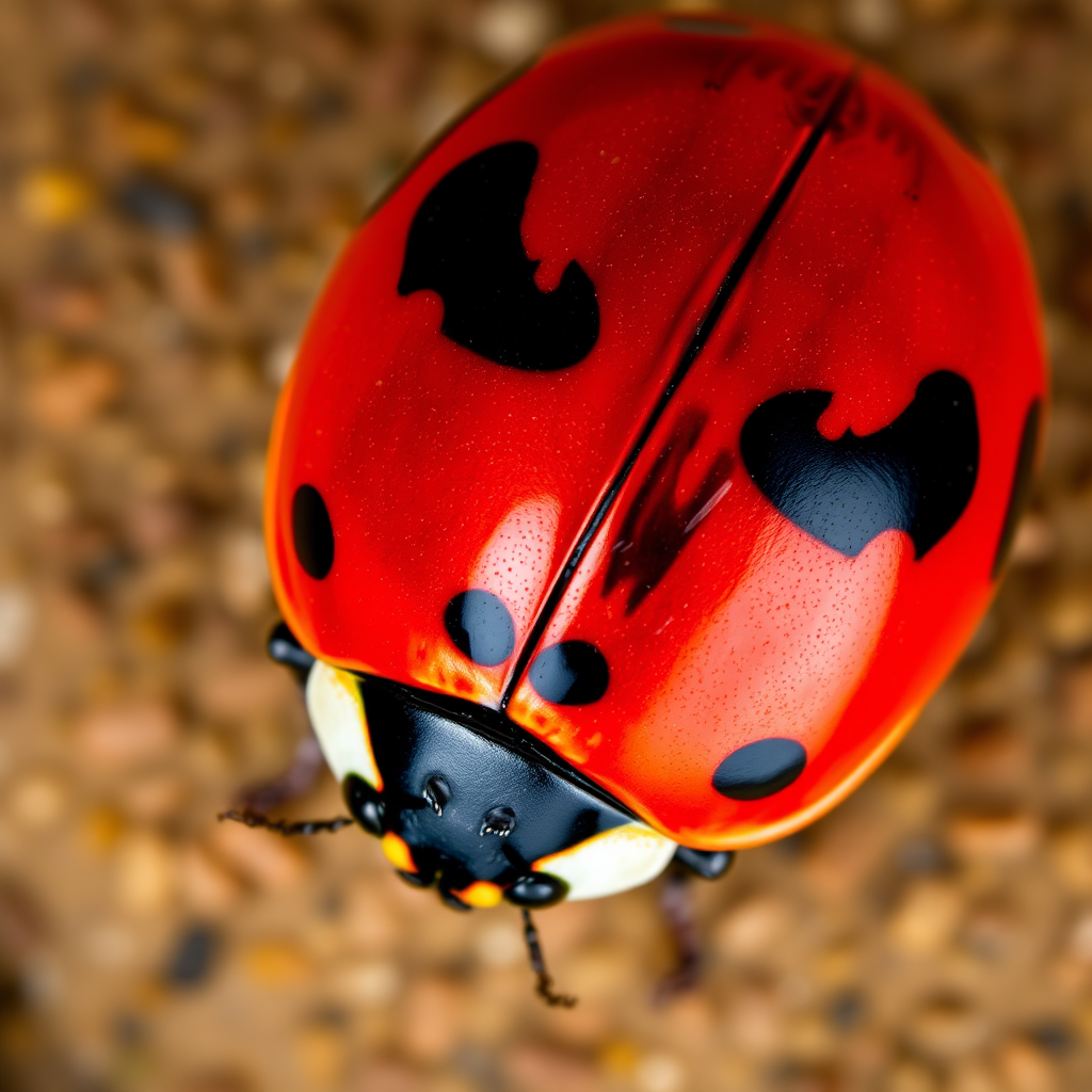 A vibrant and detailed illustration of a ladybug with a glossy red shell and prominent black spots, captured with a macro lens at f/2.8, ISO 100, 1/125s, using a DSLR camera from a top-down perspective to enhance the colors and textures.