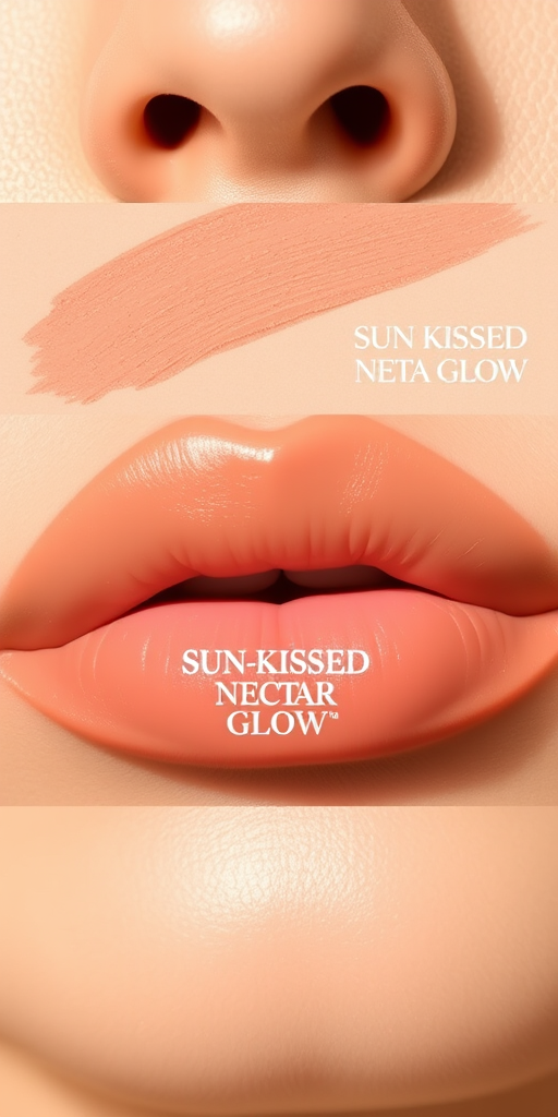 Peach-toned nude lips with a creamy satin finish and warm golden undertones, called "Sun-Kissed Nectar Glow"