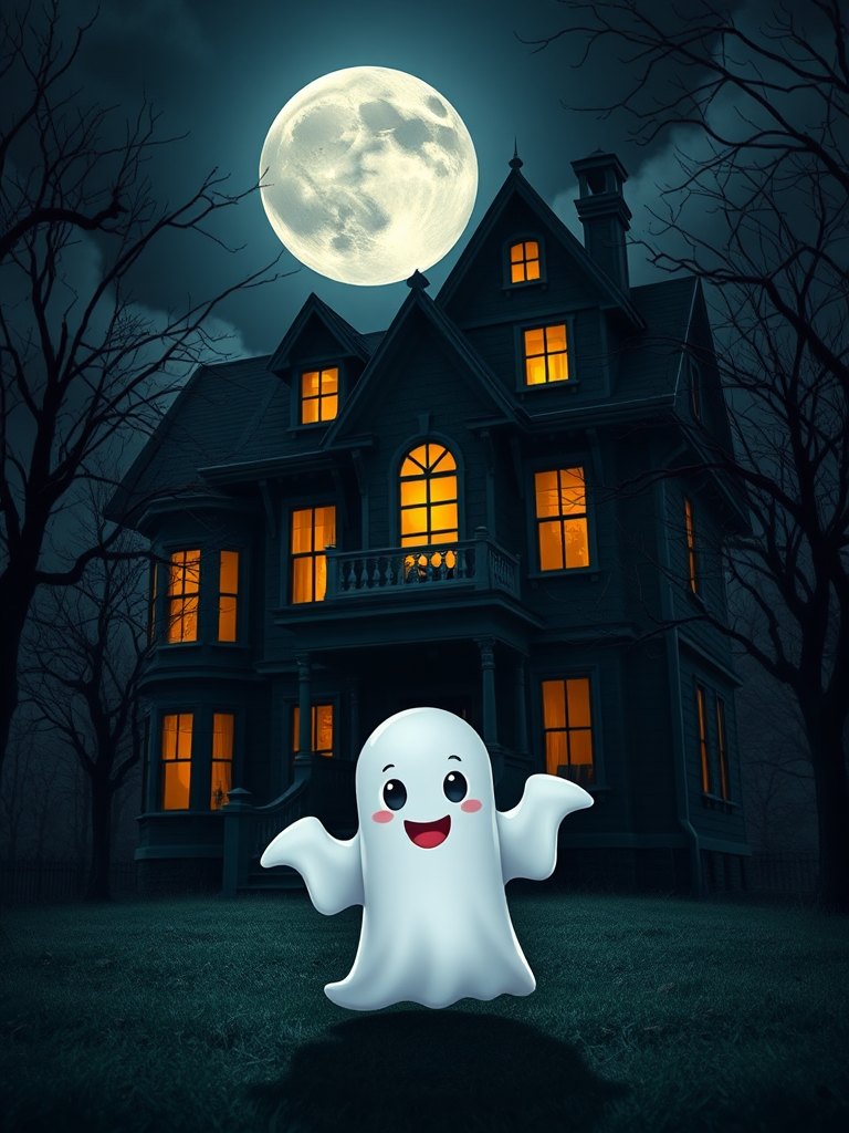A cute cartoon ghost in front of a spooky haunted house under a full moon, with glowing windows and eerie trees, shot with a DSLR camera, 35mm lens, f/4 aperture, ISO 100, and a wide-angle view to enhance image quality.
