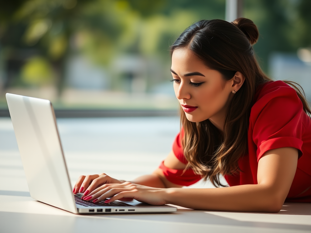 A woman in a red dress laying on her stomach, working on a laptop, natural lighting, shallow depth of field, 85mm lens, f/1.8 aperture, ISO 100, soft bokeh background.