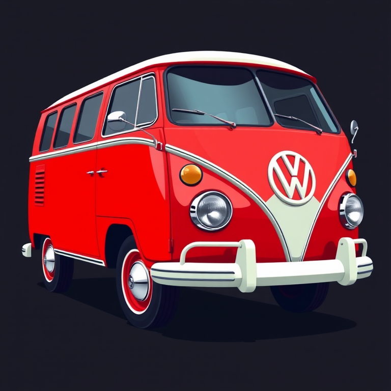 Create a high-resolution digital illustration of a classic red and white Volkswagen van in profile view, using a DSLR camera with a 50mm lens at f/2.8, ISO 100, and a shallow depth of field, ensuring vibrant colors and sharp details.