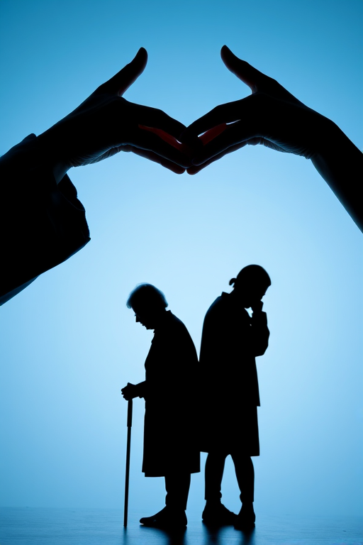 Create an image of a symbolic representation of care for the elderly, featuring two silhouetted figures: an older person with a cane and a caregiver, with hands forming a protective dome above them, using a soft blue gradient background, set with a Canon EOS R5, 50mm lens, aperture f/8, ISO 100, shot in a high dynamic range style to enhance clarity and detail.