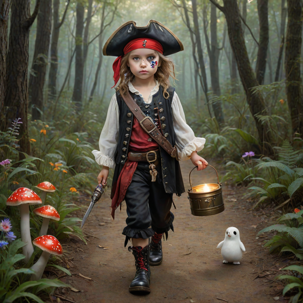 ultra detailed, photo realistic, painterly, of a little girl pirate, patch over one eye, black bandana over hair, walking and carrying an white ghost bucket and a lantern in the other hand, with bright red croc shoes, background path in the enchanted forest, wildflowers, colorful mushrooms misty hues of black and orange with bright gold glitter, ultra detailed