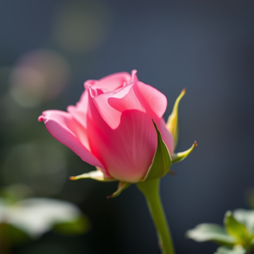 close-up of a pink rose bud with a green stem in soft focus background, aperture f/2.8, shutter speed 1/200s, ISO 100, macro lens, natural sunlight, DSLR camera