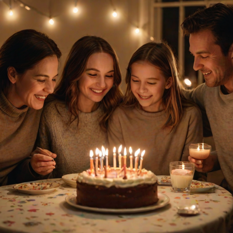 Warmly lit photo of a family gathered around a table for a birthday celebration, soft candlelight illuminating their faces, with a cake in the center and festive decorations hanging in the background.