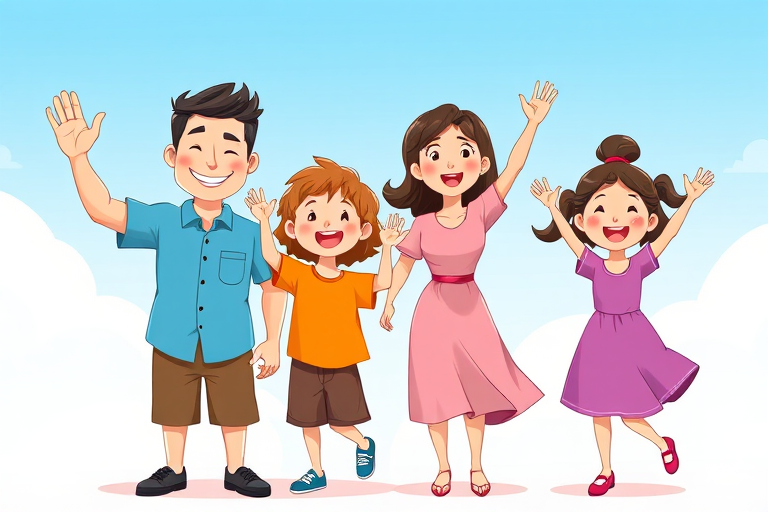 Create a vibrant illustration of a happy family with four cartoon characters: a smiling father in a blue shirt and brown shorts, a cheerful mother in a pink dress, and two kids, one boy in an orange shirt with shorts and one girl in a purple dress, all waving and filled with joy, using a digital art style with bright colors and clean lines, captured in a high-resolution format at 300 DPI with a wide-angle view for a dynamic composition.