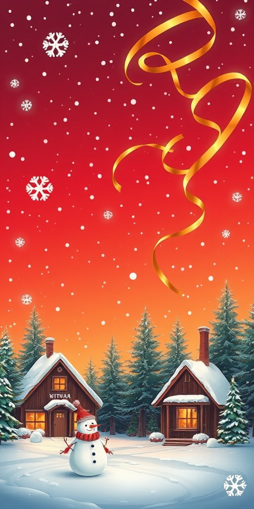 Create a winter scene with a bright red and orange gradient sky filled with snowflakes. Include cozy, snow-covered houses with green pine trees surrounding them. Add a cheerful snowman in the foreground, and incorporate swirling golden ribbons in the sky for a festive touch.