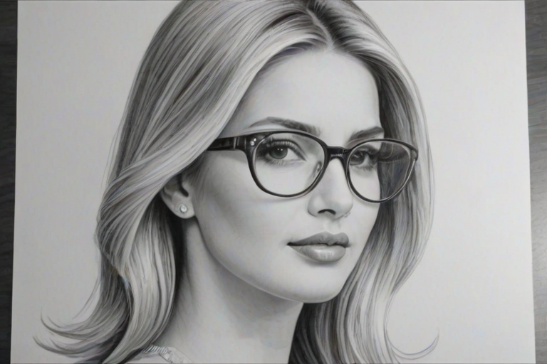 Radiant Ivanka Trump, pencil sketch, portrait of Graceful woman 1971s in glasses, hair style beatnik, outline, clear lines, fine lines, 8k