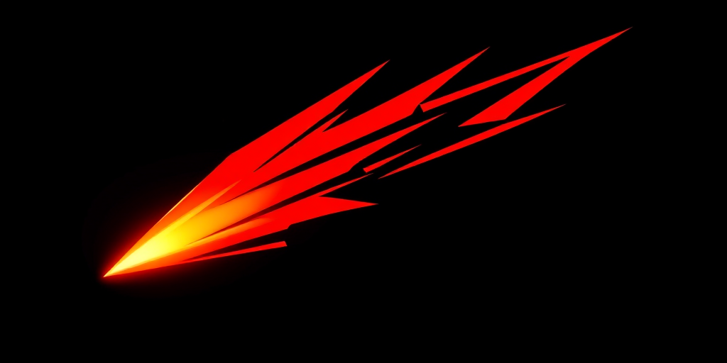 Create a dynamic illustration of a stylized comet with sharp, angular edges and vibrant red accents, captured in high resolution with a Canon EOS 5D Mark IV using a 50mm f/1.8 lens, aperture set to f/8, ISO 100, at a 45-degree angle to enhance depth and detail in a dark backdrop.