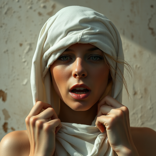 Create a close-up photographic image of a Eurasian woman with light skin tones shown against an old, worn wall. Their head is wrapped in a white cloth covering (i.e.... parts of the head except the nose and mouth, which are open as if they are screaming...), with a slight texture and visible folds in the fabric. Thin strands of blonde hair escape from the wrapping above, falling lightly at the top and sides. Their hands hold the fabric as if they are tugging nervously. The lighting is dramatic and even, casting strong shadows. The image has a minimalist and surreal style with an emphasis on simplicity with soft color tones. The composition is centered.