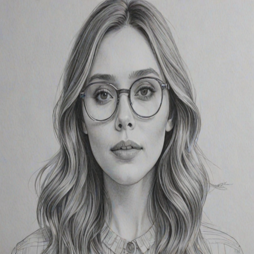 Attractive Elizabeth Olsen, pencil sketch, portrait of Exquisite woman 1966s in glasses, hair style beatnik, outline, clear lines, fine lines, 8k
