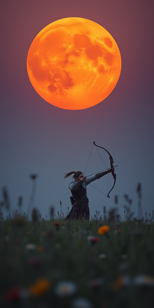 Create an image of a solitary archer standing in a field at dusk, with a large orange moon in the background, surrounded by wildflowers; use a full-frame camera, f/2.8 aperture, 1/125s shutter speed, ISO 400, with a low angle perspective and a soft focus to enhance the dreamy atmosphere.