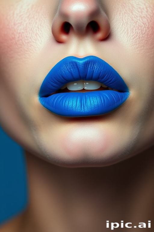 Bold electric blue lips with a matte finish, making a striking statement and showcasing confidence in unconventional beauty choices