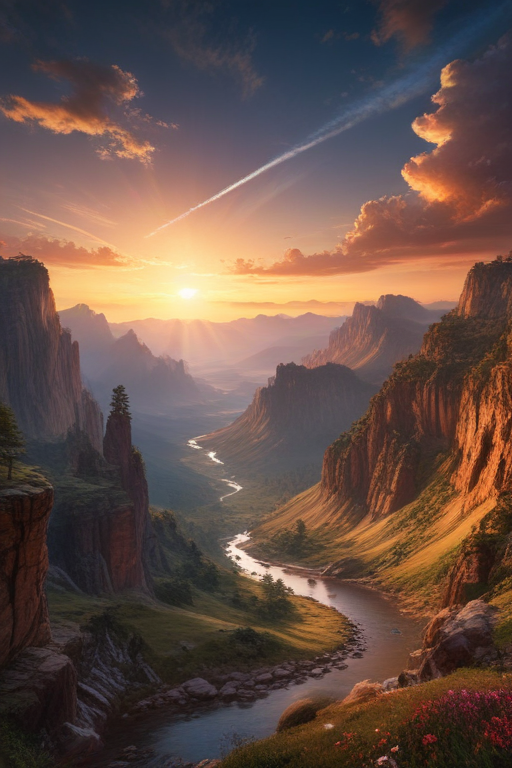 Majestic Sunset Over Serene Valley with Flowing River and Mountains