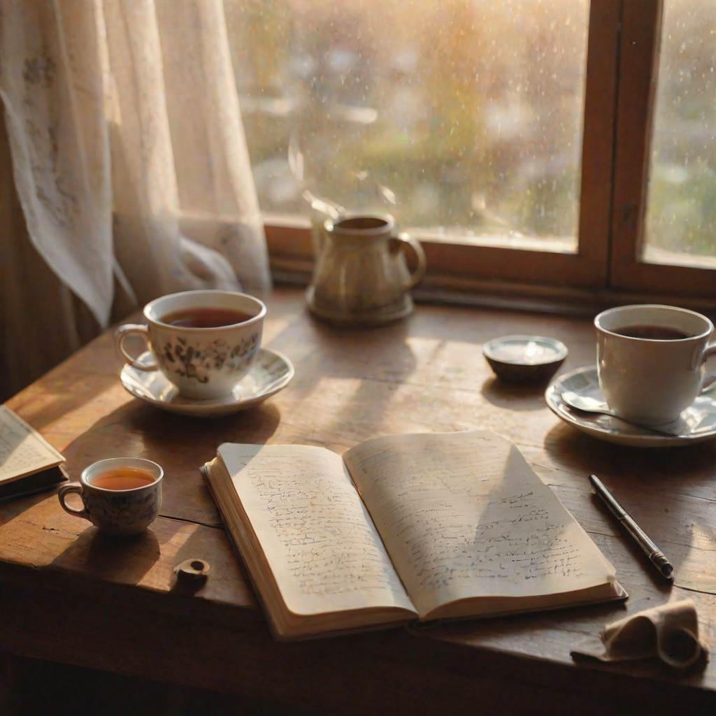 Warmly lit photo of an open journal on a wooden desk, soft natural light from a nearby window illuminating the handwritten notes, with a cup of tea steaming beside it and a cozy atmosphere filling the room.