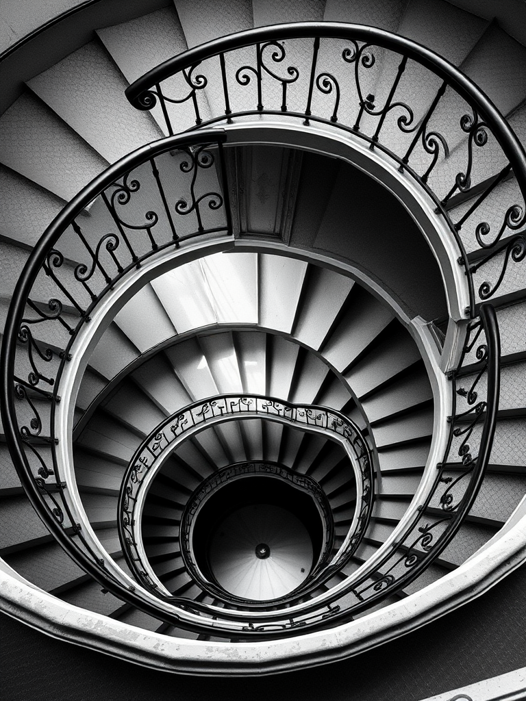 Intricate Spiral Staircase with Elegant Iron Railing in Black and White