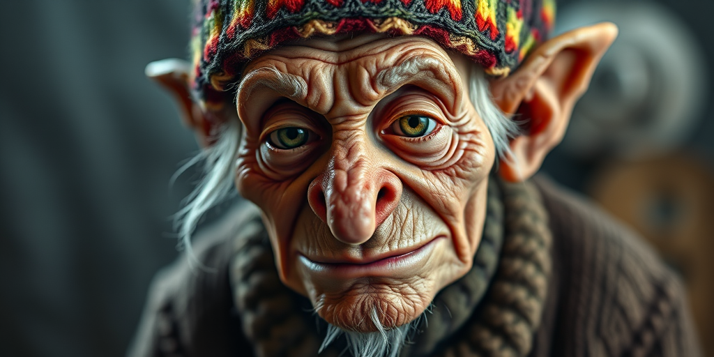 Create a highly detailed portrait of an elderly goblin character with exaggerated features, wearing a colorful knitted hat and a worn sweater, captured in soft lighting with a 50mm lens at f/1.8 aperture, ISO 200, and a shallow depth of field to enhance facial textures, using a DSLR camera in a close-up shot.