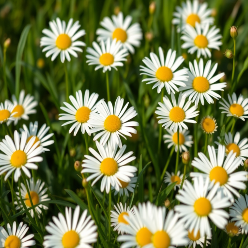 generate an illustration of white daisies with yellow centers among green grass on a dark green background, using a DSLR camera with a 50mm lens, aperture set to f/2.8 for shallow depth of field, shooting from a slight angle to create depth, with natural lighting for vibrant colors.