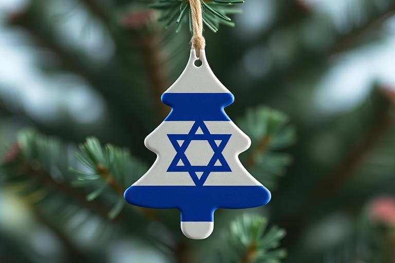 Create a high-resolution image of an air freshener in the shape of a pine tree featuring the blue and white colors of the Israeli flag with a Star of David, shot from a frontal view using a DSLR camera with an aperture of f/4, ISO 100, and a shutter speed of 1/200 sec for enhanced brightness and clarity.