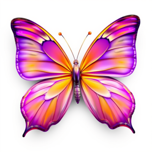 Generate an image of a vibrant butterfly with large wings featuring a gradient of purple and yellow hues. The wings should have intricate patterns and a glossy finish, capturing the beauty and delicacy of the butterfly. The background should be simple and light to emphasize the colors of the butterfly.
