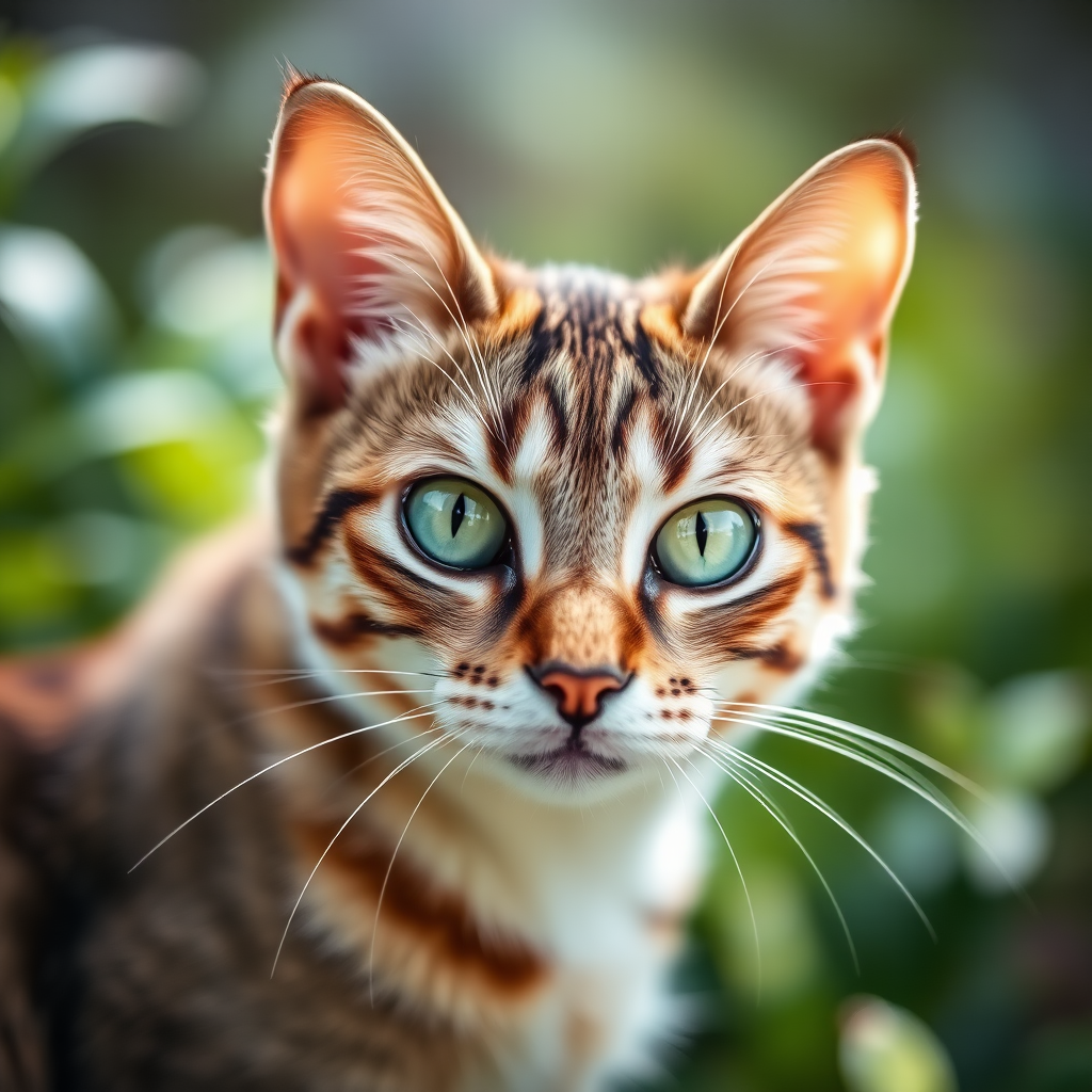 Create a close-up portrait of a domestic cat with a focus on its striking green eyes, set in a lush garden with soft bokeh background, using a DSLR camera with a 50mm lens, aperture f/2.8, ISO 100, and natural lighting to enhance details and colors.