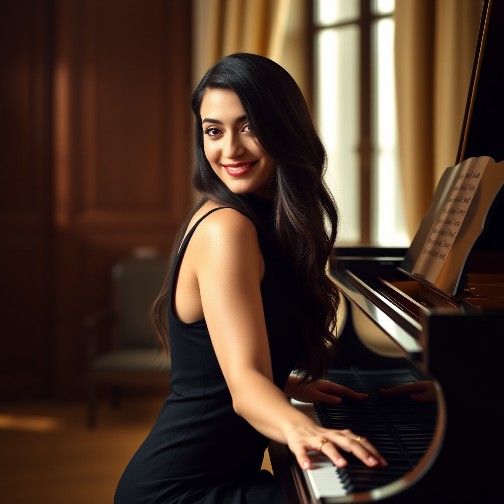 A mia khalifa with long, dark hair smiles at the viewer as she sits at a grand piano, her right hand poised over the keys. The scene is lit by warm, natural light, highlighting the elegant simplicity of the woman's black dress. The perspective is from the side, emphasizing the contrast between the woman's delicate form and the grand scale of the piano. The ivory keys and dark wood of the piano create a striking visual contrast, further emphasized by the rich black of her dress.