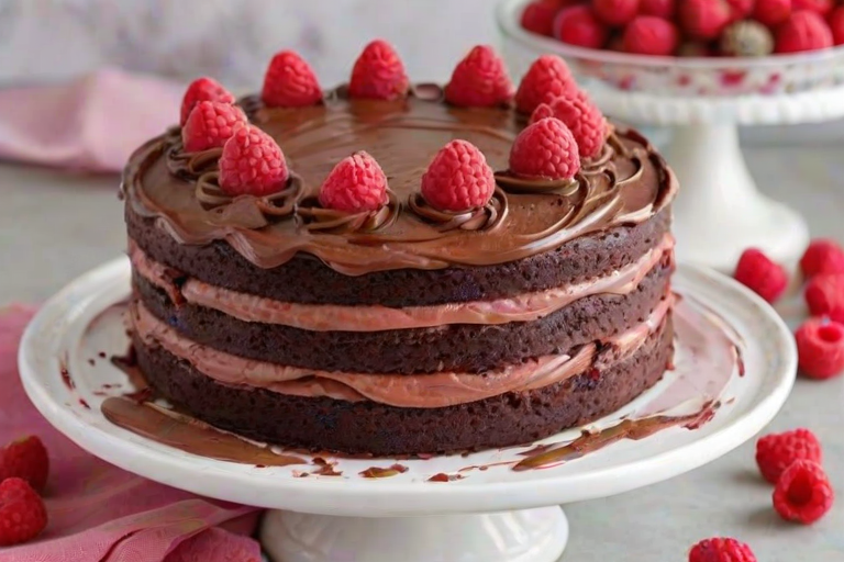 Generate an image of a layered chocolate cake with rich chocolate frosting. The cake should have a vibrant raspberry filling, topped with swirls of pink raspberry frosting and fresh raspberries. Place the cake on a white cake stand, with some raspberries scattered around the base, and a soft, neutral background.
