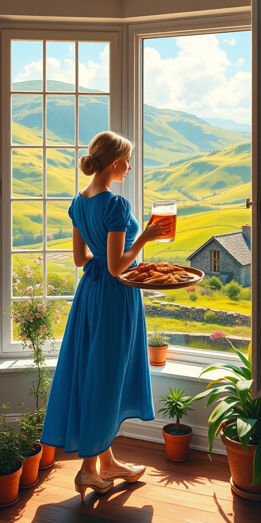 In "A Glass of Beer on the Highland," a serene scene is depicted in a sunlit room where a woman in a vibrant blue dress stands by a large window. She holds a tray with a hearty meal and a frothy glass of beer, embodying a moment of relaxation. Outside, the breathtaking highland landscape features rolling green hills and a charming traditional house, all bathed in warm afternoon light. The interior is adorned with potted plants, creating a harmonious blend of comfort and nature. The painting beautifully captures the tranquility and joy found in simple pleasures amidst stunning scenery