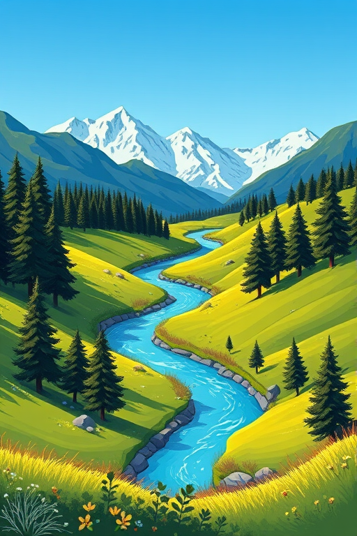 Create a vibrant, cartoonish landscape illustration featuring rolling green hills, a winding blue river, tall pine trees, and snow-capped mountains in the background under a clear blue sky, shot with a DSLR camera at f/8, ISO 100, with a wide-angle lens for enhanced depth and clarity.