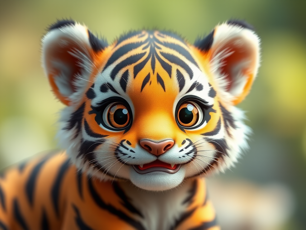 Create a cute cartoon-style illustration of a baby tiger with big eyes and a playful expression, using a soft focus lens, aperture f/4 for depth of field, shot at 50mm with natural lighting for enhanced detail.