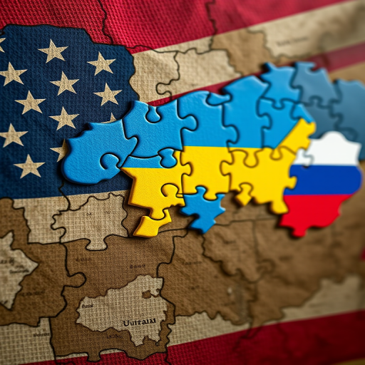 Create a high-resolution image of a world map featuring puzzle pieces in blue and yellow representing Ukraine and red and white representing Russia, with a textured background of the American flag, captured with a DSLR camera at 50mm lens, f/8 aperture, ISO 100, and soft natural lighting.