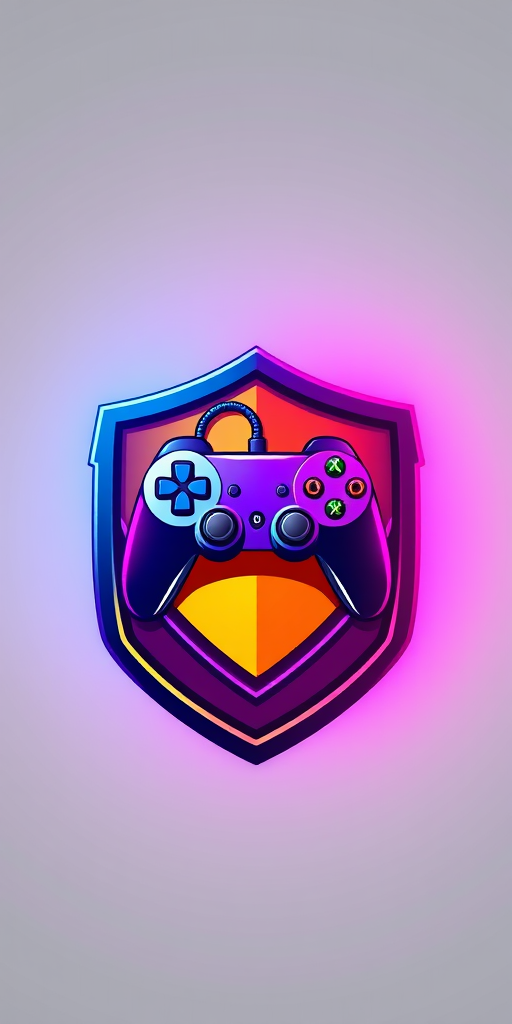 Design a vibrant gaming emblem featuring a stylized game controller on a shield background, with a sharp focus, using a DSLR camera at f/2.8 aperture, ISO 100, with a 50mm lens in a brightly lit studio setting, aiming for high detail and vivid colors.