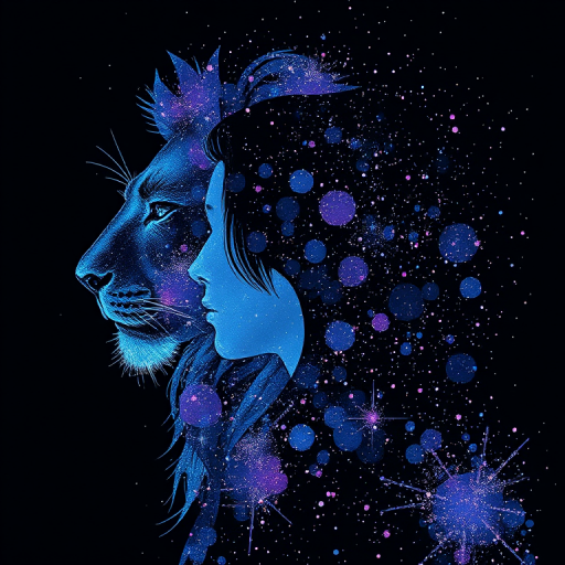 Captivating conceptual render alcohol ink art, double exposure, the paint strokes artfully merge combining a woman's full silhouette with a Xenial xenops's silhouette. The figures are composed of a series of colored dots, lines & spots that evoke the image of a cosmic galaxy, colors are deep shades of blue purple & black with flashes of white & silver representing distant stars. The woman's silhouette is formed within the lion's silhouette from constellations of scattered stars, surreal