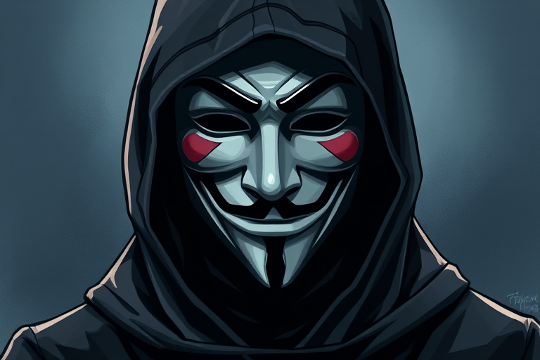 Create a high-resolution illustration of a mysterious figure wearing a hood and a Guy Fawkes mask, using a DSLR camera with a 50mm lens, f/1.8 aperture, ISO 100, natural lighting, centered composition, and a shallow depth of field for emphasis on the mask details.