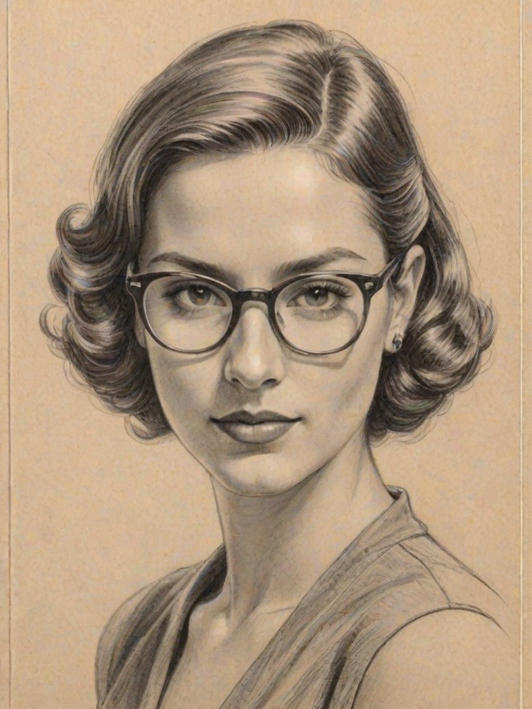 Attractive Mariana Trevi'o, pencil sketch, portrait of Fascinating woman 1936s in glasses, hair style beatnik, outline, clear lines, fine lines, 8k