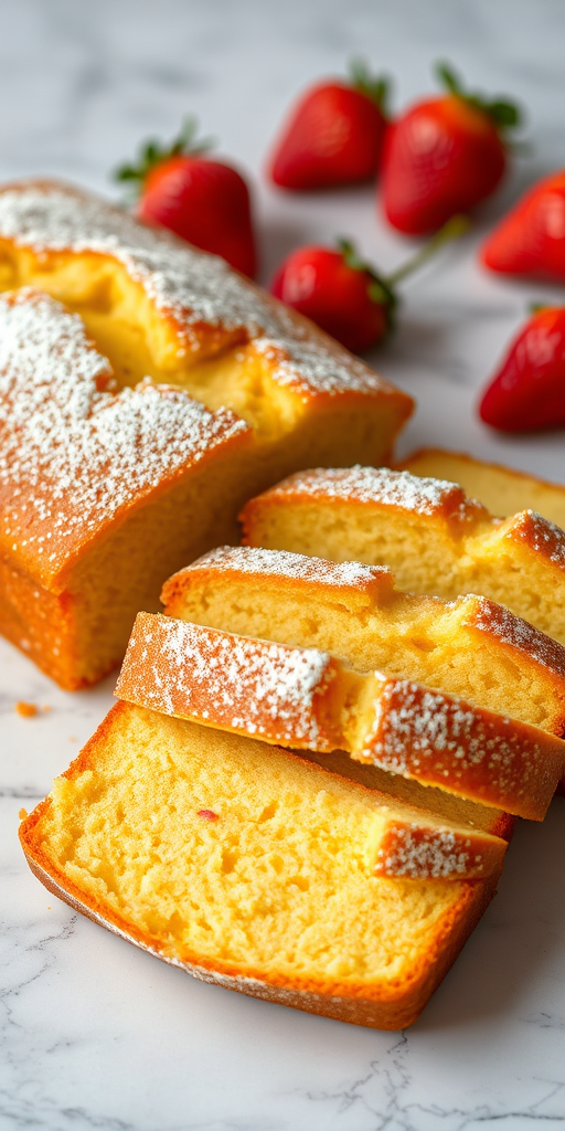 A freshly baked loaf of yellow cake with a golden brown crust lightly dusted with powdered sugar, sliced to reveal a moist interior, placed on a white marble surface with vibrant red strawberries in the background.