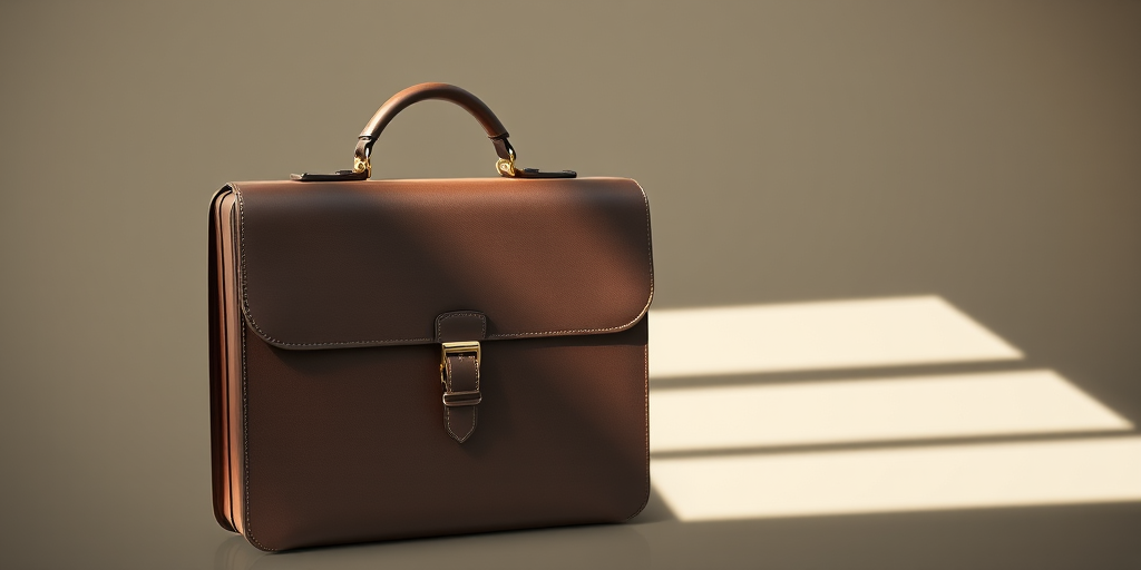 Create a clean and minimalistic image of a classic briefcase with a sturdy handle, using a DSLR camera set to f/8 aperture, ISO 100, 50mm lens, natural light from the left, and a shallow depth of field to enhance focus on the briefcase while softly blurring the background.