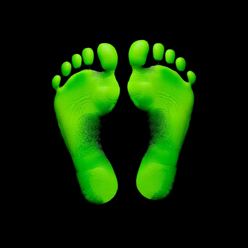 Regenerate a high-resolution image of two green footprints on a black background, using a DSLR camera with a 50mm lens, f/1.8 aperture, ISO 100, and a soft diffused lighting setup for even illumination.