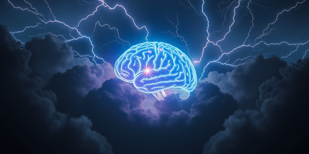 Create a high-resolution image of a glowing brain surrounded by cosmic lightning and dark clouds, captured using a DSLR camera with a 50mm lens, f/1.8 aperture, ISO 200, using a long exposure setting for enhanced detail and clarity.
