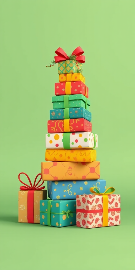 Create a vibrant illustration of a whimsical stack of Christmas presents in various colors and patterns on a soft green background, using a Canon EOS R5 with a 50mm lens, f/4 aperture, ISO 100, shot from a straight-on perspective to emphasize depth and detail.