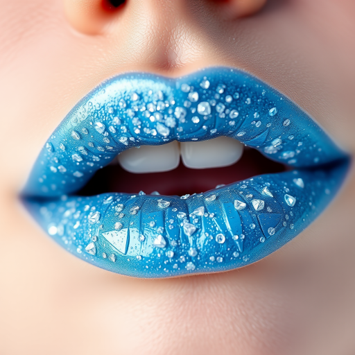 Frosty ice blue lips sparkle with tiny crystals, evoking a winter wonderland aesthetic and adding a touch of magic to any beauty look