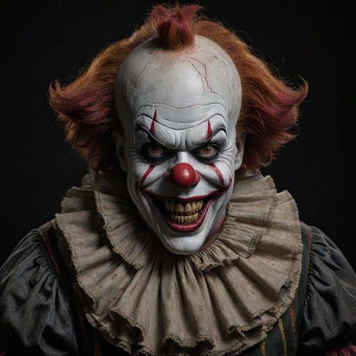 Create a hyper-realistic, dark, and eerie clown with a sinister smile, set against a black background. The clown should have exaggerated makeup with sharp, contrasting colors to enhance its menacing appearance. The overall atmosphere should be unsettling and intense, capturing a sense of horror and suspense