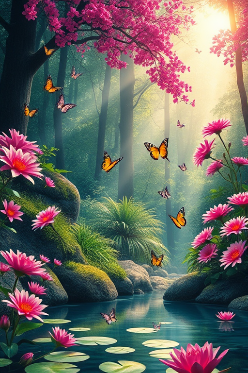 Create a serene forest scene with vibrant pink flowers and lush greenery. Include soft rays of sunlight filtering through the trees, casting a gentle glow. Add colorful butterflies fluttering around and a tranquil pond with lily pads in the foreground. Ensure the overall atmosphere is magical and peaceful.