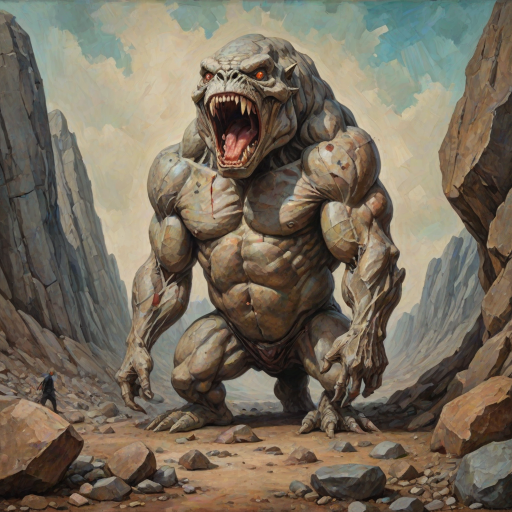 A detailed and anatomically presented mr stone-eater stands and bites into a huge boulder. surreal abstract art, grunge oil colors on canvas, textured background