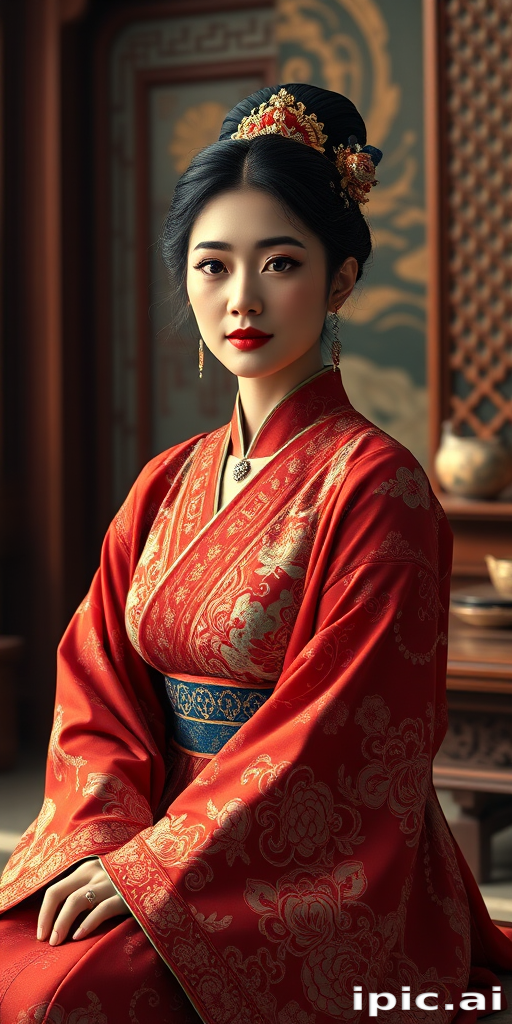 A beautiful woman in traditional East Asian attire, intricately detailed with embroidered patterns, sitting gracefully in a richly decorated room, soft ambient lighting, serene and elegant, ultra-realistic, 8K resolution