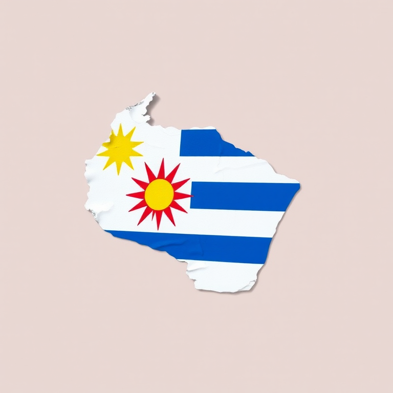 Generate a high-resolution image of the outline of Uruguay featuring its national flag with a bright sun emblem, captured with a DSLR camera, 50mm lens, f/2.8 aperture, ISO 100, in natural light for enhanced clarity and vibrancy.