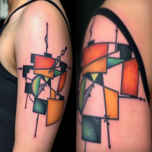 Abstract "Cubist Composition" tattoo with fragmented shapes and overlapping planes, using a limited color palette to create a dynamic and thought-provoking design