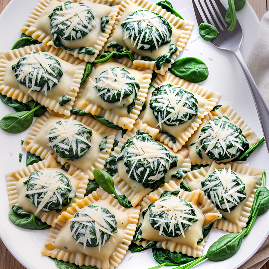 Delicious Spinach and Cheese Ravioli Served on a Bed of Fresh Spinach.